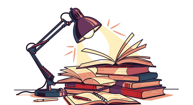 Stack of books with desk lamp.