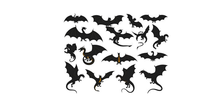A collection of black dragon silhouettes on transparent background