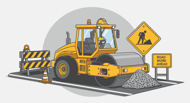 Yellow road roller construction machine.