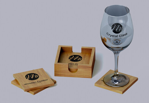 Wooden Coaster and Glass Mockup Set