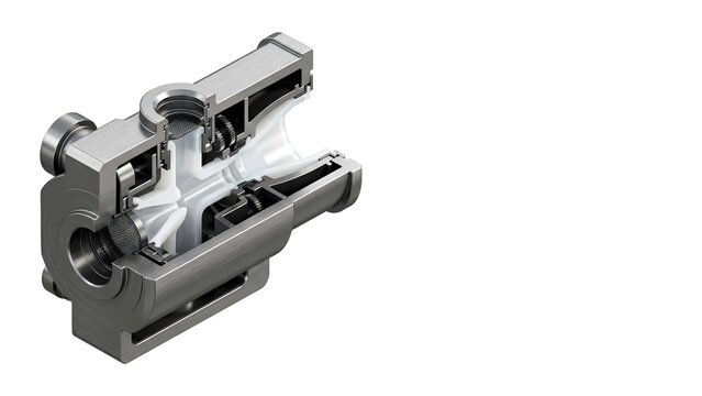 Cross section of metal pipe ejector with internal structure on light background with copy space