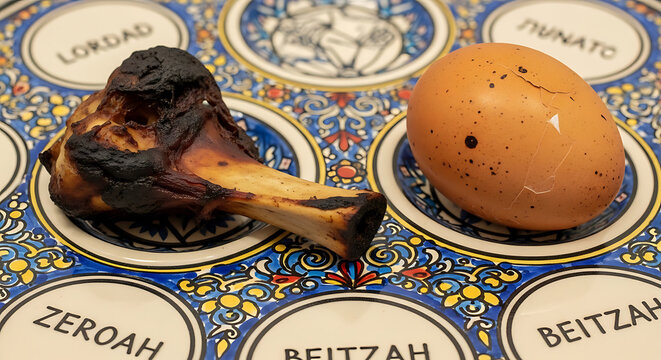 Traditional Jewish Seder plate with roasted bone and egg.