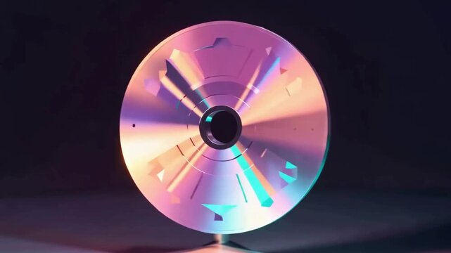 3D animation of a sci-fi styled compact disc or metallic coin rotating on its axis with vibrant neon light reflections.