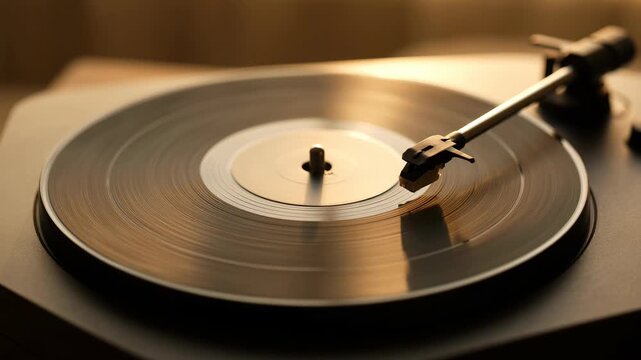 Slow motion close up of vinyl record spinning on turntable with tonearm playing on tabletop in warm interior evening light