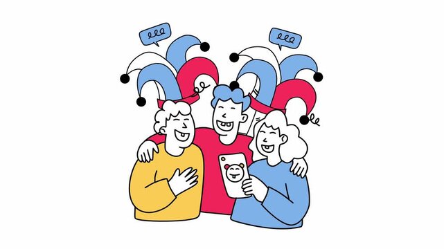 People wearing jester hats while taking group photo on phone