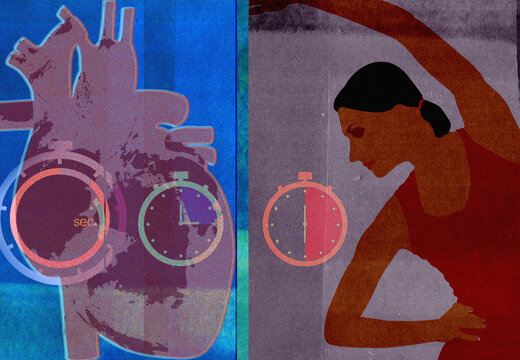 Split screen of woman exercising and heart health
