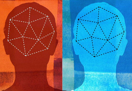 Split screen of two different coloured heads containing same puzzle