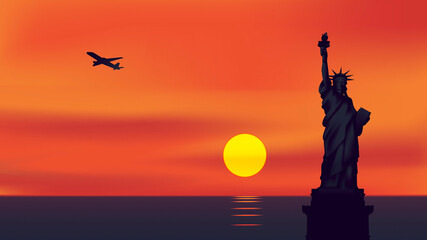 Plane flying away from New York as sun sets on Statue of Liberty