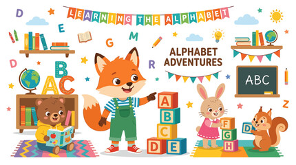 Fototapeta premium Cute Animals Learning Alphabet ABC Adventures with Fox, Bear, Rabbit, Squirrel