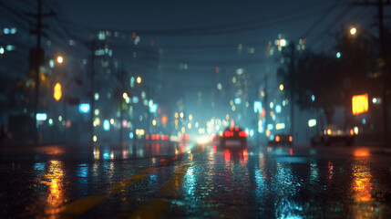 Fototapeta premium Rainy Night City Road with Glowing Bokeh Lights and Reflections on Wet Asphalt