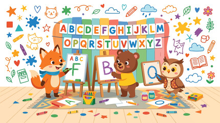Fototapeta premium Cute Animals Learning Alphabet ABC in Colorful Classroom Art Lesson