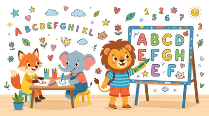 Fototapeta premium Cute Animals Learning Alphabet at School: Fox, Elephant, Lion