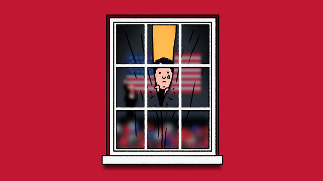 Sad man closing curtain on window reflecting United States political rally