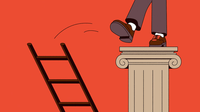 Man on top of pedestal kicking ladder away