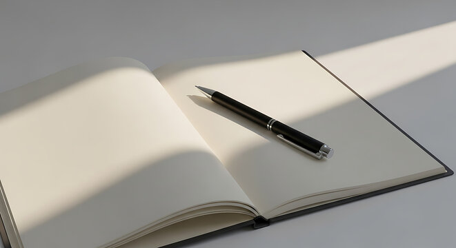 A pen resting on an open blank book, ready for creative writing or journaling with sunlight casting shadows on the pages, inspiring thought and ideas
