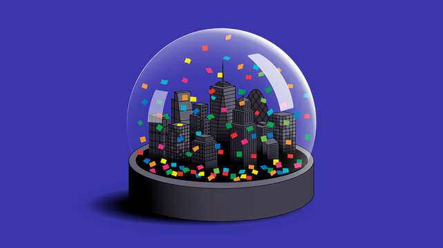 Multi coloured pieces of paper falling inside London snow globe