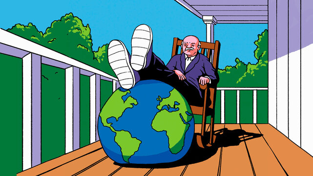 Elderly man relaxing on veranda with feet up on globe pouf