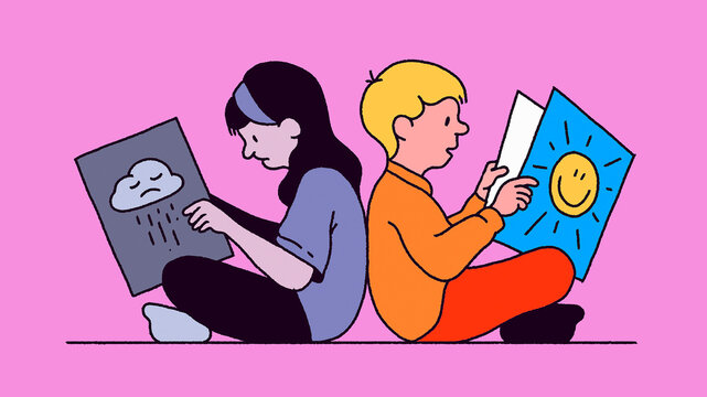 Contrast between girl and boy sitting back to back reading happy and sad books