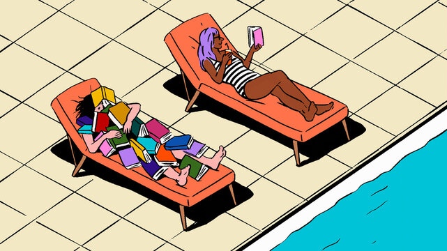 Woman enjoying reading on summer holiday beside woman overwhelmed with books