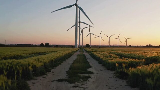 Wind turbine field at sunset with rows of generators along a rural road, cinematic countryside landscape featuring clean energy technology horizon