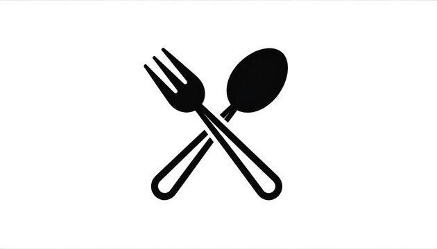 Black silhouette, a fork and spoon, crossing at the middle, presented against a stark white background