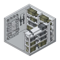 Isometric View of a Secure Armory with Weapons and Ammunition Storage. © Yulianti
