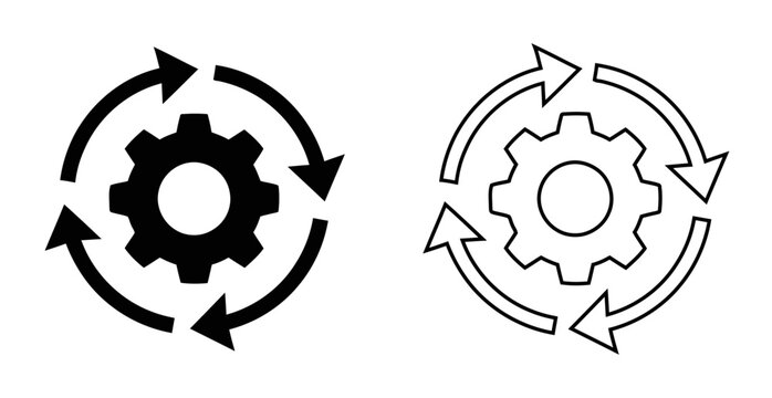 Gear and circular arrows icon set representing automation | continuous process and workflow optimization symbols | black flat vector icons