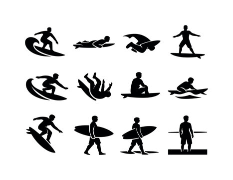 Surfing actions: riding wave, paddling on board, duck dive, standing balance, carving turn, wipeout fall, sitting on board, catching wave, jumping off board, carrying board