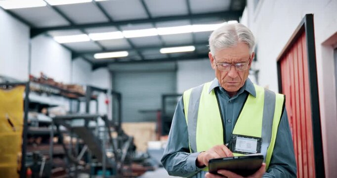Man, engineer and walking with tablet at warehouse for inspection, machine update or technical guide. Mature person, digital and production manual, automation and diagnostics report for manufacturing