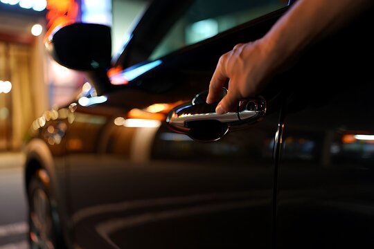Chauffeur opens luxury black car door in urban night setting, showcasing premium transportation service, elegance, professionalism, and sophisticated travel experience for executive business clients.