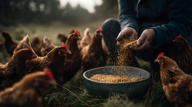 Person holding feed for free range chickens
