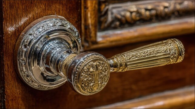 Intricately Detailed Ornate Brass Doorknob with Vintage Handle on Wooden Door