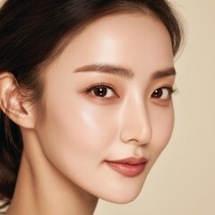 Fototapeta premium A close-up portrait of a woman with radiant skin, showcasing elegance and beauty against a neutral background.