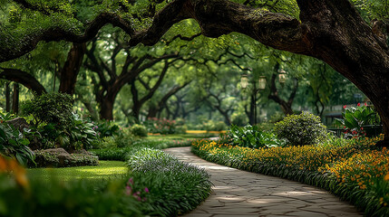 Naklejka premium Scenic view of a park with a pathway and trees - ai generative