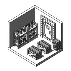 Isometric Armory Room Illustration with Shelves, Crates, and Vault Door. © Gulihperma