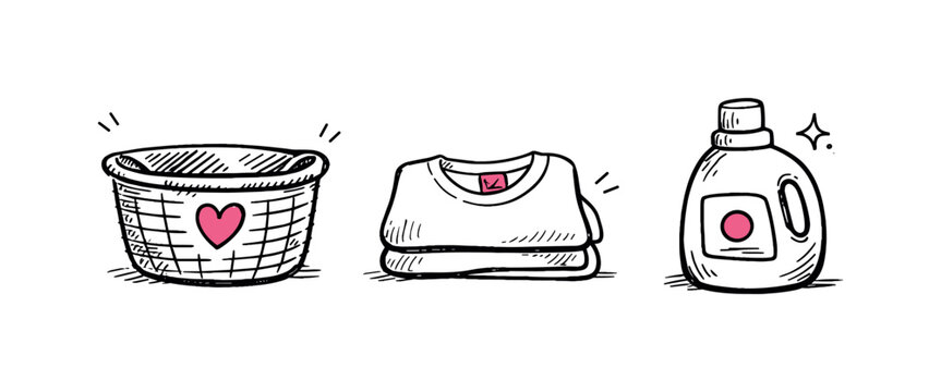 Simple laundry items theme  a horizontal row of 3 related hand-drawn objects on a white background, featuring a washing basket with a tiny pink heart detail, a