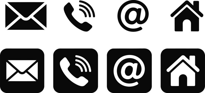 Contact information vector icon set including email phone at symbol and home address icons for business communication and customer support.