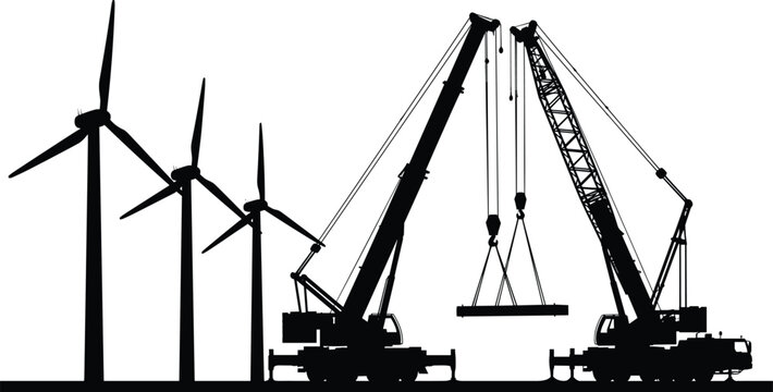 Wind turbines and construction cranes working together, renewable energy infrastructure concept, industrial development and green power vector illustration design