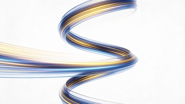 Abstract 3D spiral of blue and gold light streaks flowing on white background dynamic motion blur futuristic digital technology concept fiber optic data transmission modern corpora