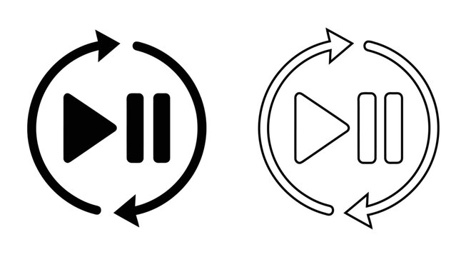 Play and pause buttons with circular arrows icon set | multimedia repeat or continuous loop process symbols | black flat vector icons