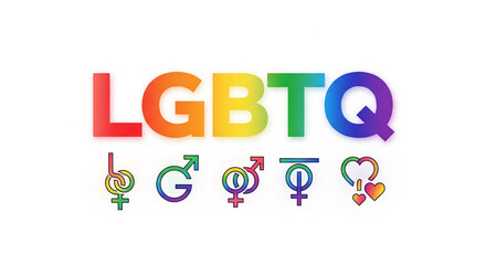 Fototapeta premium Rainbow LGBTQ letters with gender and love symbol on white, representing diversity and inclusion, perfect for pride parade or awareness concepts