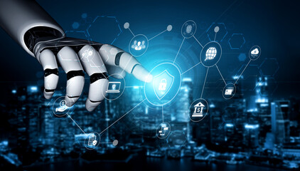 Obraz premium An AI assistant manages a comprehensive cybersecurity network. This smart system provides total protection for digital finance, cloud data, and personal identity authentication. Fermion