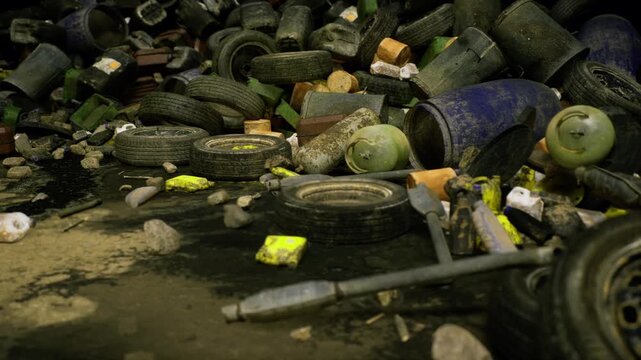 Dusk scene of toxic runoff pooling among tire stacks, gleam of solvent residue and stained puddles, containment barriers and monitoring gear suggest remediation