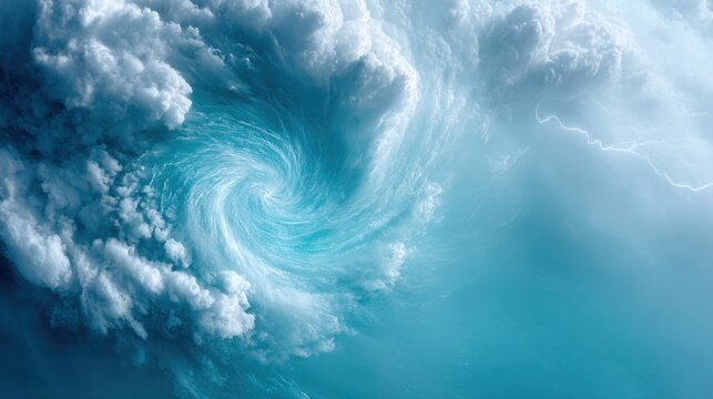 Aerial view of swirling hurricane eye over turquoise ocean with towering storm clouds and lightning