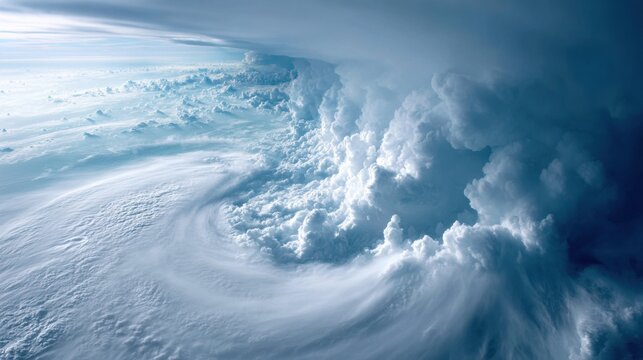 Aerial view of powerful tropical cyclone eye wall with swirling cloud bands and storm structure