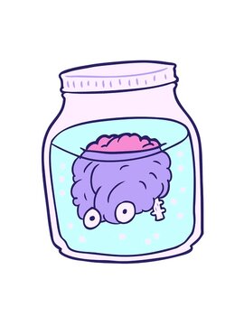 spinning motion animation of cartoon spooky brain floating in jar