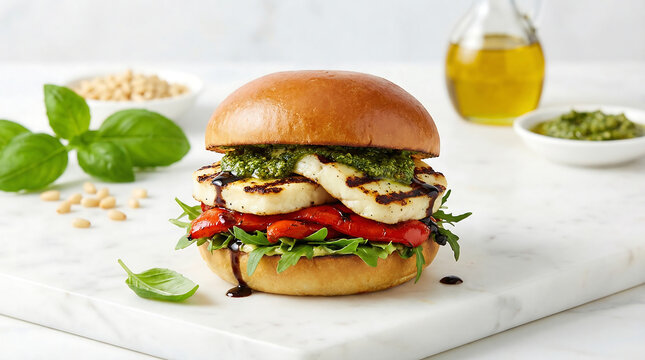 A delicious grilled halloumi burger with fresh pesto and roasted peppers on a brioche bun
