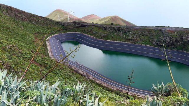 Aerial View Hydraulic Battery Reservoir Energy Storage Renewable Grid Resilience Sustainable Infrastructure El Hierro Canary Islands Spain