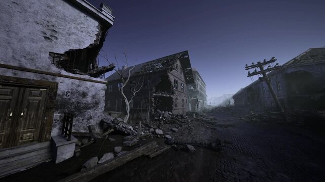 Haunting street scene under violet sky, tilted buildings framing narrow lane, deep shadows and scattered rubble, cinematic tension ideal for thriller