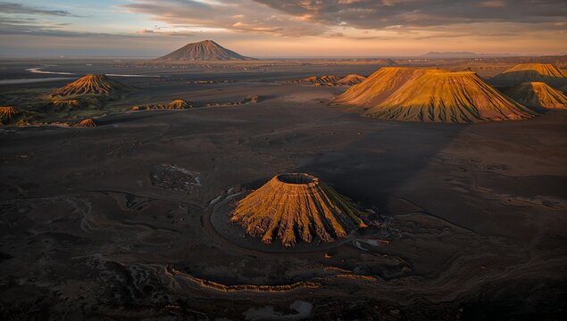 Dramatic Landscape of Volcanic Mountains at Sunrise in Semeru Area